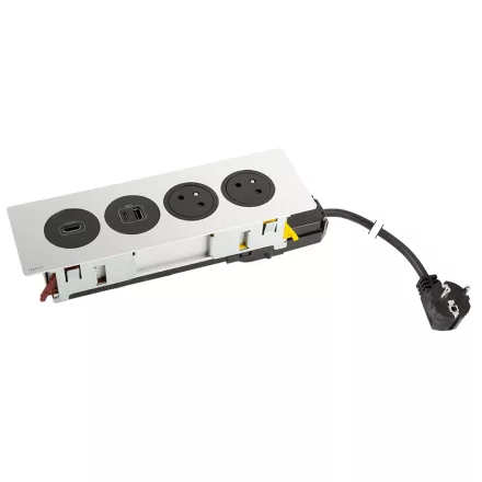 K- LEGRAND elektrická zásuvka Disq'In 2x 230V FR + 1x USB A+C, HDMI, černá/nerez