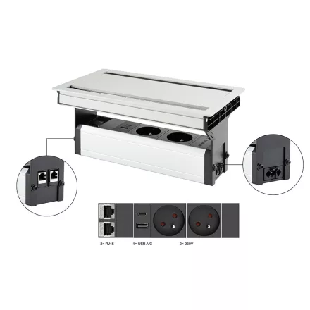 VersaFlap dual 2.0, 2x 230V, 2x RJ45, 1x USB A/C, eloxált alumínium